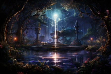 Enchanted song fountains, harmonizing with natures melodies and creating enchanting displays - Generative AIの素材