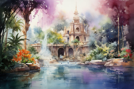 Enchanted song fountains, harmonizing with natures melodies and creating enchanting displays - Generative AIの素材