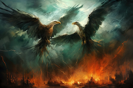 Ferocious thunder hawks, ruling the skies with lightning and thunder as their domain - Generative AIの素材