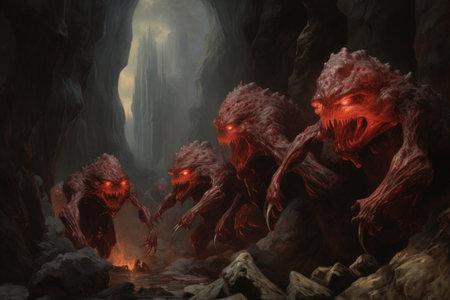 Ferocious lava golems, born from volcanic eruptions, with molten rock bodies - Generative AIの素材