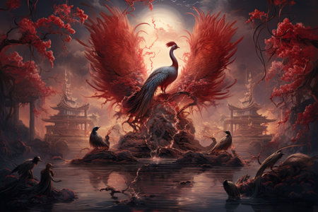 Ancient phoenixes rising from ashes with renewed life - Generative AIの素材