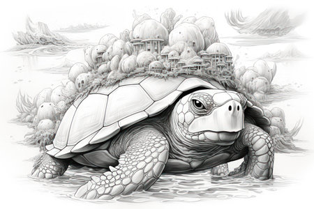 Ancient sea turtles, carrying entire ecosystems on their colossal shells - Generative AIの素材