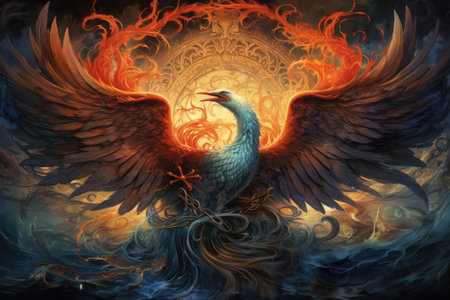Ancient phoenixes rising from ashes with renewed life - Generative AIの素材