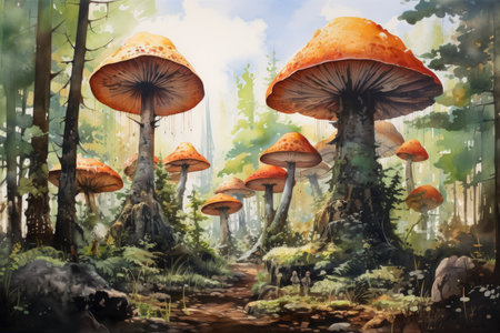 Giant talking mushrooms offering cryptic advice in dense forest groves - Generative AIの素材