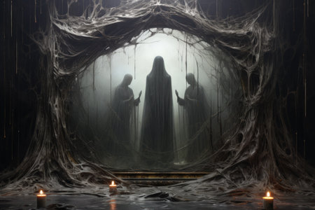 Cursed mirror spirits, trapped within reflective surfaces, offering glimpses of other worlds - Generative AIの素材