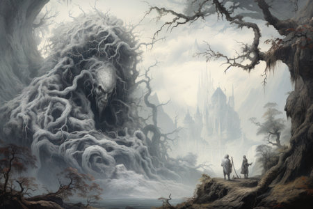 Gargantuan giants roaming the mountains - Generative AIの素材
