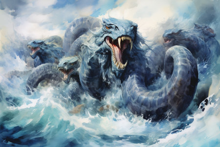 Gigantic sea serpents slithering through treacherous waters - Generative AIの素材