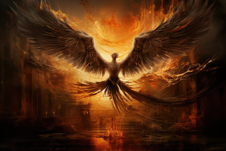 Ancient phoenixes rising from ashes with renewed life - Generative AIの素材
