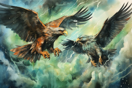 Ferocious thunder hawks, ruling the skies with lightning and thunder as their domain - Generative AIの素材