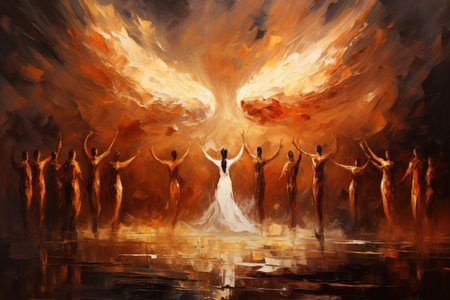 Elegant phoenix dancers, captivating audiences with fiery performances - Generative AIの素材