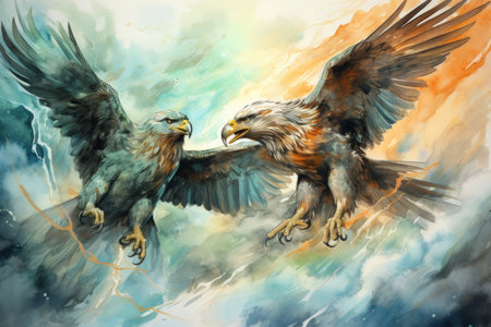 Ferocious thunder hawks, ruling the skies with lightning and thunder as their domain - Generative AIの素材