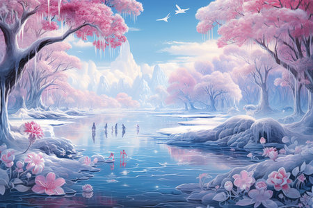 Graceful frost faeries, creating intricate ice sculptures in frozen landscapes - Generative AIの素材