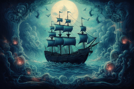 Cursed ghost ships, forever sailing the seas with ghostly crews seeking redemption - Generative AIの素材