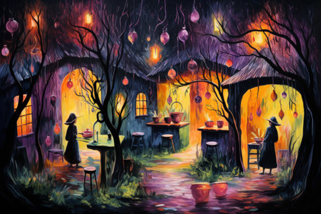 Mysterious witches brewing potions in hidden cottages - Generative AIの素材