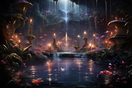 Enchanted song fountains, harmonizing with natures melodies and creating enchanting displays - Generative AIの素材