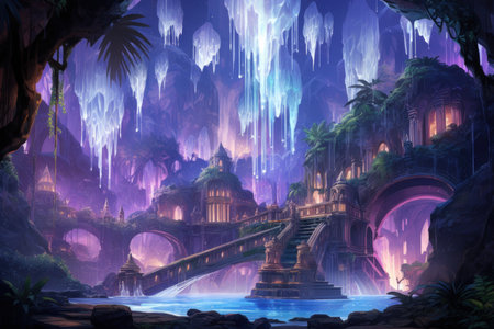Harmonious waterfalls of glowing crystals, cascading with soothing melodies - Generative AIの素材