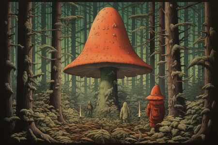 Giant talking mushrooms offering cryptic advice in dense forest groves - Generative AIの素材
