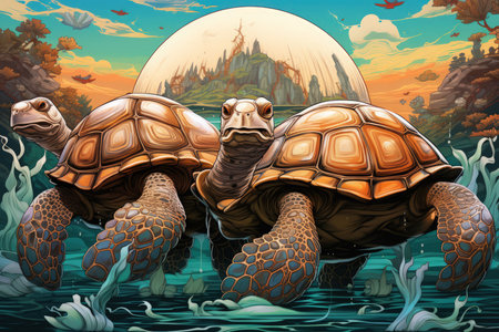 Ancient sea turtles, carrying entire ecosystems on their colossal shells - Generative AIの素材