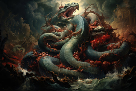 Gigantic sea serpents slithering through treacherous waters - Generative AIの素材