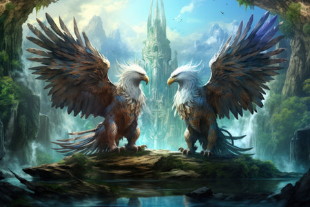 Loyal griffins, majestic creatures with the body of a lion and the wings of an eagle - Generative AIの素材