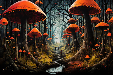 Giant talking mushrooms offering cryptic advice in dense forest groves - Generative AIの素材