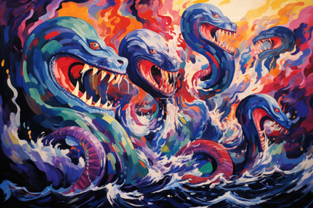 Gigantic sea serpents slithering through treacherous waters - Generative AIの素材