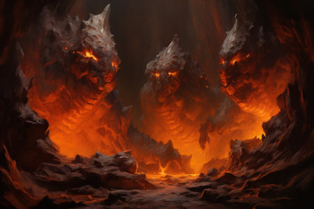 Ferocious lava golems, born from volcanic eruptions, with molten rock bodies - Generative AIの素材