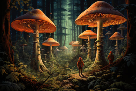 Giant talking mushrooms offering cryptic advice in dense forest groves - Generative AIの素材