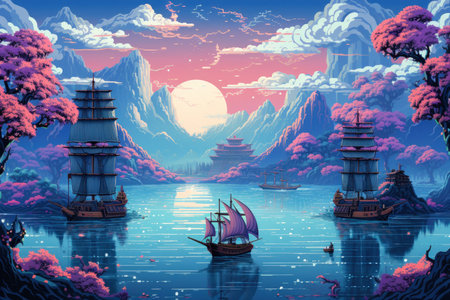 Mystical seafaring ships powered by enchanted winds - Generative AIの素材