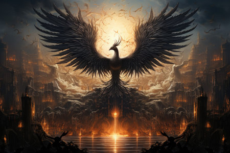 Ancient phoenixes rising from ashes with renewed life - Generative AIの素材
