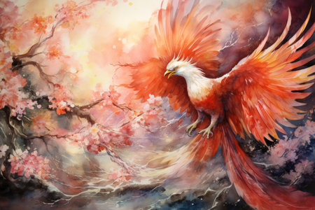 Ancient phoenixes rising from ashes with renewed life - Generative AIの素材