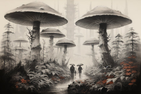 Giant talking mushrooms offering cryptic advice in dense forest groves - Generative AIの素材