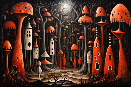 Giant talking mushrooms offering cryptic advice in dense forest groves - Generative AIの素材