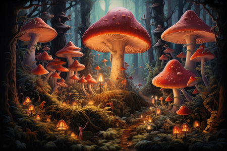 Giant talking mushrooms offering cryptic advice in dense forest groves - Generative AIの素材