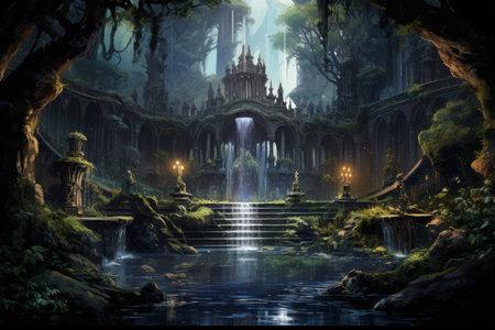 Enchanted song fountains, harmonizing with natures melodies and creating enchanting displays - Generative AIの素材