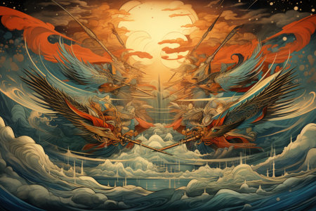 Majestic thunderbirds, summoning storms and wielding lightning as their weapon - Generative AIの素材