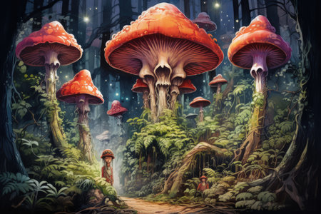 Giant talking mushrooms offering cryptic advice in dense forest groves - Generative AIの素材