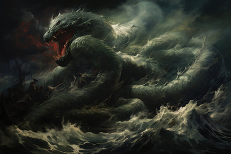 Gigantic sea serpents slithering through treacherous waters - Generative AIの素材
