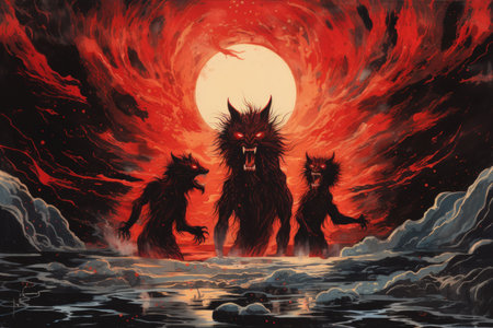 Fierce werewolves transforming under the light of the full moon - Generative AIの素材
