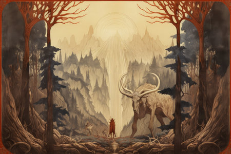 Gargantuan giants roaming the mountains - Generative AIの素材