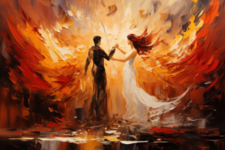 Elegant phoenix dancers, captivating audiences with fiery performances - Generative AIの素材