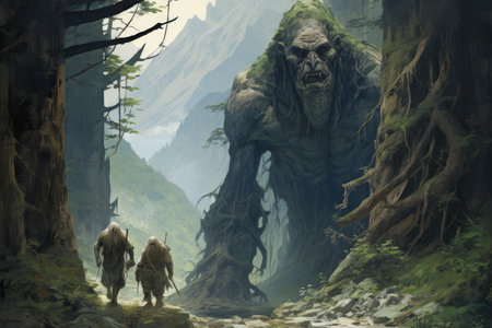 Gargantuan giants roaming the mountains - Generative AIの素材