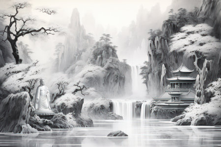 Harmonious waterfalls of glowing crystals, cascading with soothing melodies - Generative AIの素材