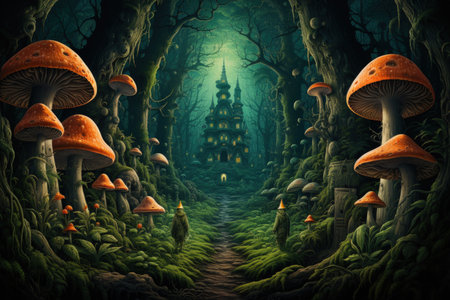 Giant talking mushrooms offering cryptic advice in dense forest groves - Generative AIの素材