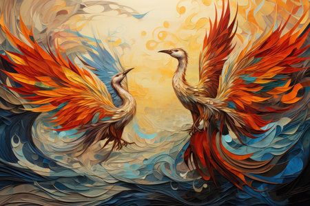 Ancient phoenixes rising from ashes with renewed life - Generative AIの素材