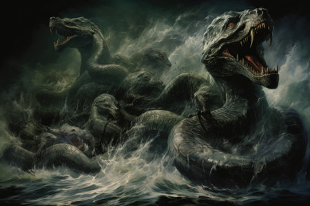 Gigantic sea serpents slithering through treacherous waters - Generative AIの素材