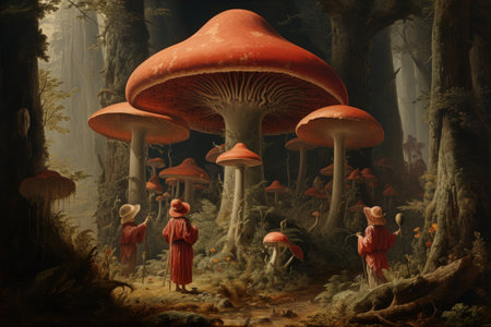 Giant talking mushrooms offering cryptic advice in dense forest groves - Generative AIの素材
