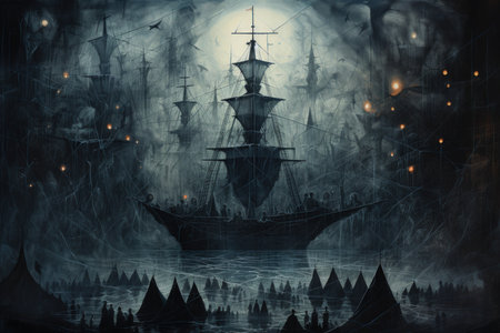 Cursed ghost ships, forever sailing the seas with ghostly crews seeking redemption - Generative AIの素材