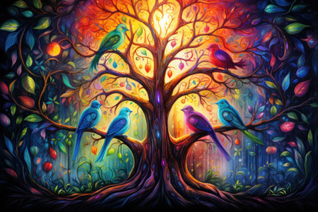 Enchanted songbirds, their melodies capable of healing and soothing troubled hearts - Generative AIの素材