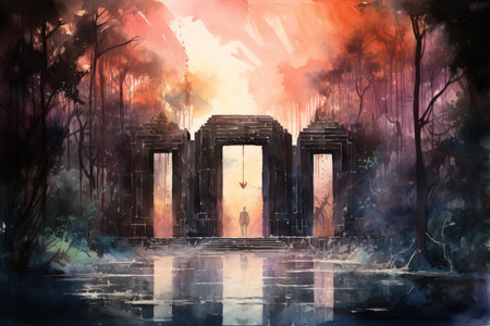 Enigmatic shadow gates, portals to realms shrouded in darkness and mystery - Generative AIの素材